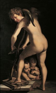 Cupid carving bows (after Parmigianino). Creator: Heintz, Joseph, der Ältere (1564-1609).