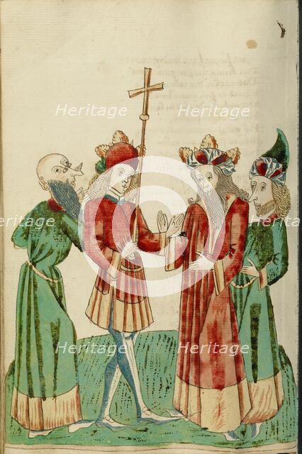 Avenir and Josaphat with Two Scholars; Barlaam und Josaphat, 1469. Creators: Hans Schilling, Diebolt Lauber.