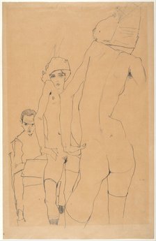 Schiele with Nude Model before the Mirror, 1910. Artist: Schiele, Egon (1890–1918)