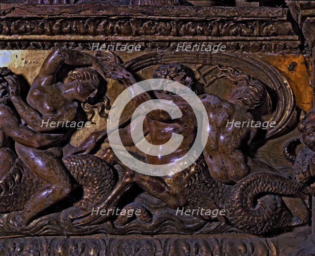 Frieze in polychromed wood, with mythological scenes belonging to the main altar of the Cathedral…