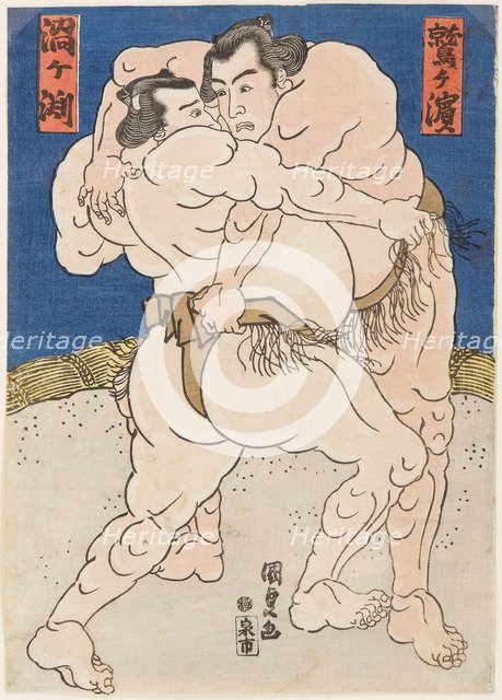 Wrestling match Uzugafuchi vs Washigahama, c. 1830.