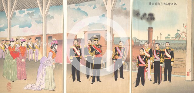 Illustration of the Arrival of the Emperor at Shinbashi Station Following a Victory (Gaise..., 1895. Creator: Kobayashi Kiyochika.