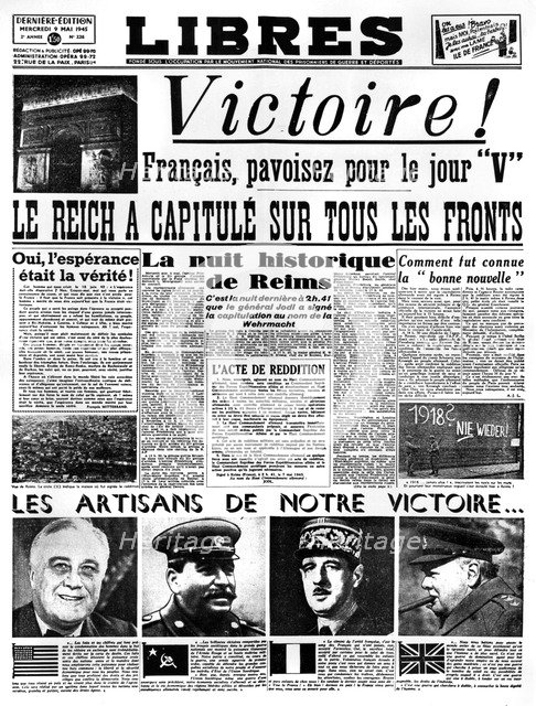 Victory!, front page of Libres newspaper, 9 May 1945. Artist: Unknown