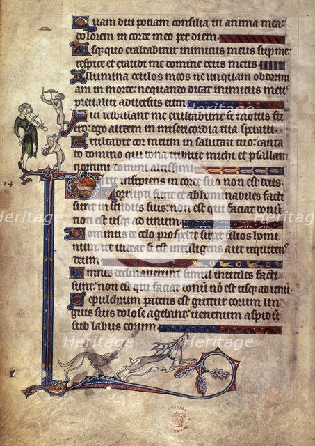 Musician and monkeys; dog chasing a stag, 1284-c1316.  Creator: Unknown.