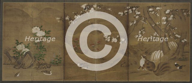 Birds, flowers of the seasons, and civet cats, Muromachi or Momoyama period, 16th century. Creator: Unknown.