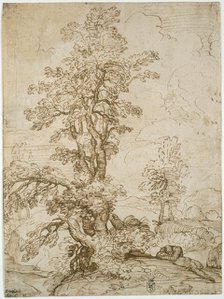 Landscape with Man Sleeping beneath Tree (recto); Landscape with a Horseman (verso), 1595. Creator: Annibale Carracci.