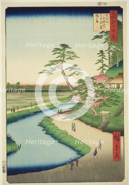 Basho's Hut on Camellia Hill Beside the Aquaduct at Sekiguchi (Sekiguchi josui-bata..., 1857. Creator: Ando Hiroshige.