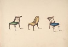 Design for Three Chairs with Slanted Backs, Green, Yellow and Blue..., early 19th century. Creator: Anon.