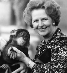 British politician Margaret Thatcher with a chimpanzee, c1980s(?). Artist: Unknown