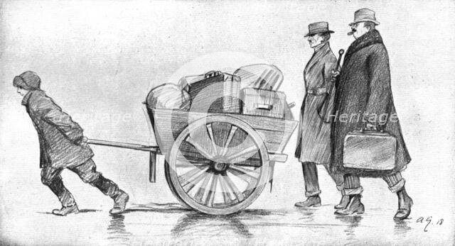 'Les Indesirables; Deux "Strasbourgeois" venus d'Allemagne y retournent, derriere leurs...', 1918. Creator: Andre Galland.