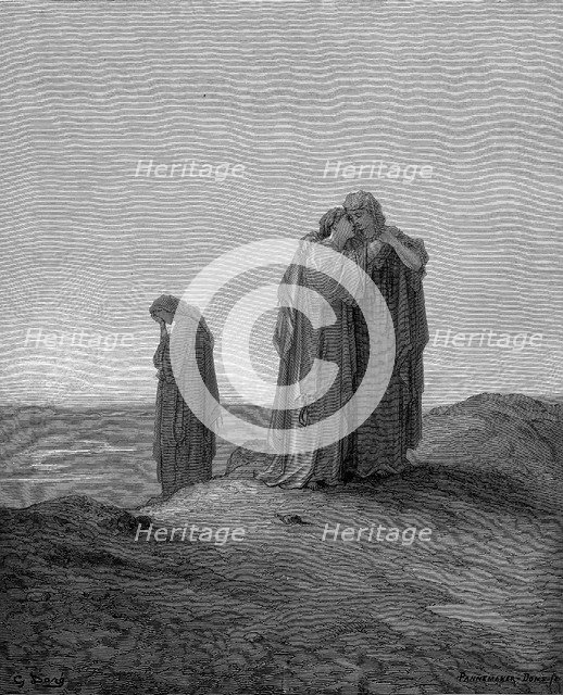 Ruth embracing her mother-in-law Naomi and promising to stay with her now they are bereaved, 1866. Artist: Gustave Doré