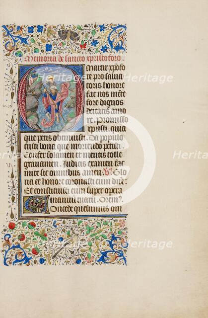 Initial O: Saint Christopher Carrying the Christ Child; Llangattock Hours, 1450s. Creator: Master of the Llangattock Hours.