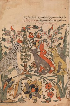 Leopard Bearing Lion's Order to Fellow Judges, Folio 51 recto from a Kalila wa Dimna, 18th century. Creator: Unknown.