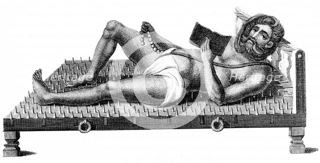 Hindu philosopher Pararum Soatuntre Perkasanund reclining on a bed of iron spikes, 1811. Artist: Unknown