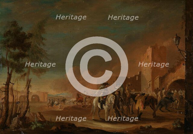 Riders in burning city, 1768. Creator: VS.