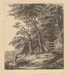 A Fisherman and Two Children in a Landscape with Thatched Cottages, 1764. Creator: Salomon Gessner.