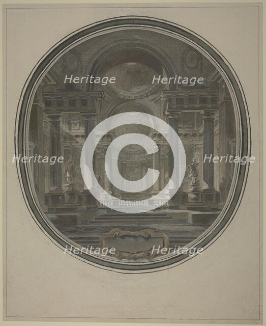 View into the rotunda of an ancient(?) temple, with an empty cartouche below. Creator: Jacques-Francois Blondel.