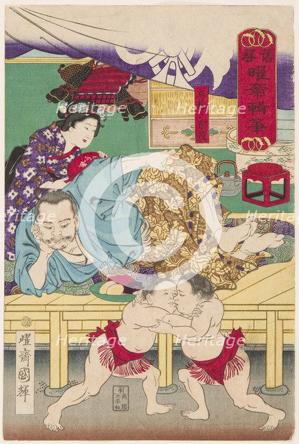 Two Sumo children  in Action in front of Tachibana Muneshige, 1861.
