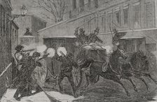 Attack on General Prim (1814-1870) in calle del Turco (Turk Street) Madrid on 27 Dec 1870 (1871).  Creator: Unknown.