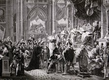 Carlos X (1757-1836), King of France, consecration ceremony in 1825, engraving of  the National L…
