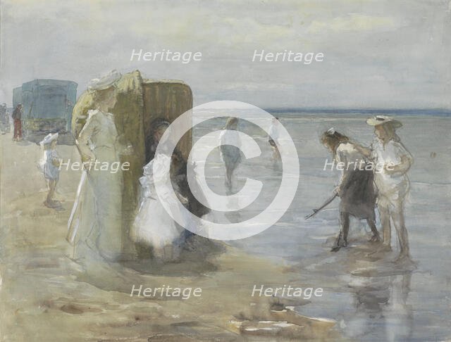 View along the tide line on Scheveningen beach, with women and children, 1874-1927. Creator: Johan Antonie de Jonge.