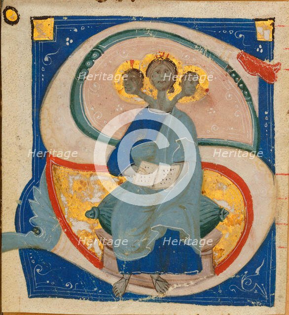 Initial "S" with miniature of the Trinity as singer with three heads, before 1400. Creator: Anonymous.