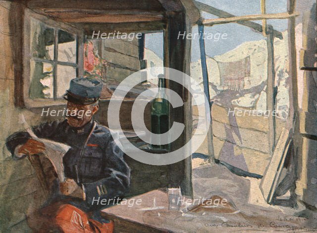 'Dans les tranchees; Le gourbi d'un capitaine d'infanterie aux "cavaliers de Courcy..., 1915. Creator: Charles Hoffbauer.