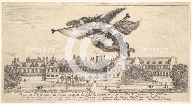 View of the Palais Cardinal, the figure of Fame at top center flying towards the left a..., 1649-51. Creator: Stefano della Bella.