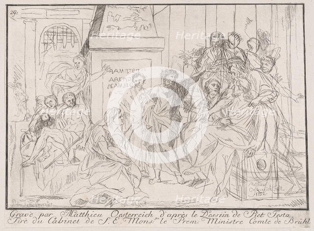 Classical scene of figures gathered around an orator at right (possibly related to healing..., 1752. Creator: Matthias Oesterreich.