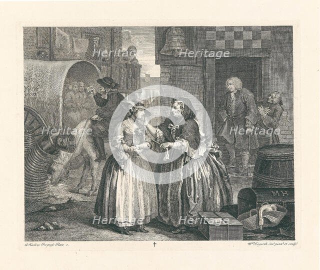 A Harlot's Progress. Plate 1: Moll Hackabout arrives in London at the Bell Inn, Cheapside, 1732. Creator: Hogarth, William (1697-1764).