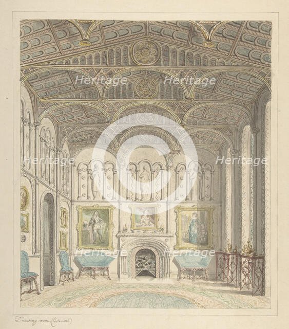 Drawing Room of Lea Castle, Looking West, ca. 1816. Creator: Attributed to John Carter.