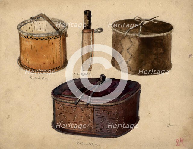 Knife "pa", birch bark bucket "kol" and basket "tamga", Selkups, 1920. Creator: A. G. Vargin.