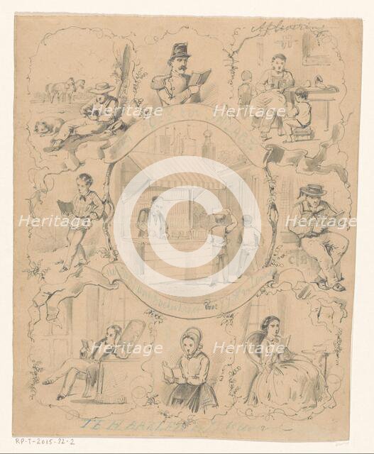 Book stall on a market surrounded by eight scenes with reading figures, c.1860-c.1862. Creator: Charles Rochussen.