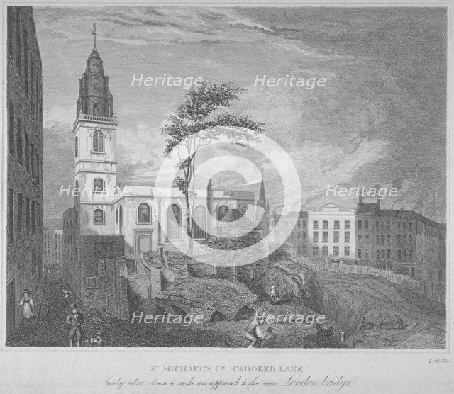 South-east view of the Church of St Michael, Crooked Lane, City of London, 1830. Artist: John Wells
