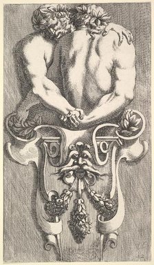 Design for a Term with Two Embracing Satyrs, from: Curieuses recherches de plusieurs beaus..., 1645. Creator: Jean le Pautre.