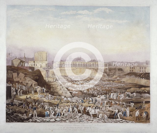 View of construction work at St Katherine's Dock, Stepney, London, January, 1828. Artist: J Phelps