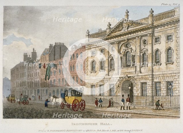 View of Ironmongers' Hall and people and a coach in Fenchurch Street, City of London, 1811. Artist: Anon