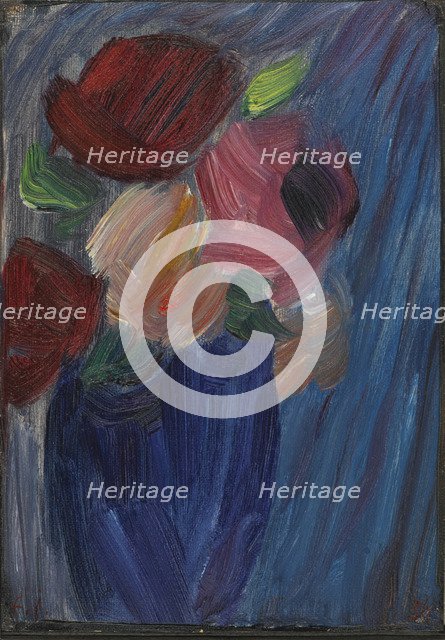 Large still life: Roses in an ultramarine blue vase.