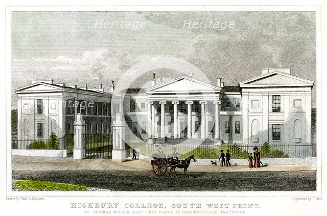 Highbury College, south-west front, Islington, London, 1827.Artist: Thomas Dale