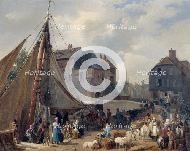 The port of Honfleur, loading cattle, c1823. Creator: Xavier Leprince.