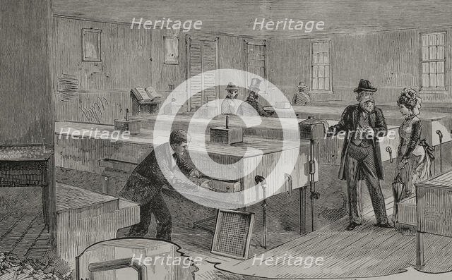 Artificial hatching of hen eggs by the Baker method, incubators room, 1878. Creator: Unknown.