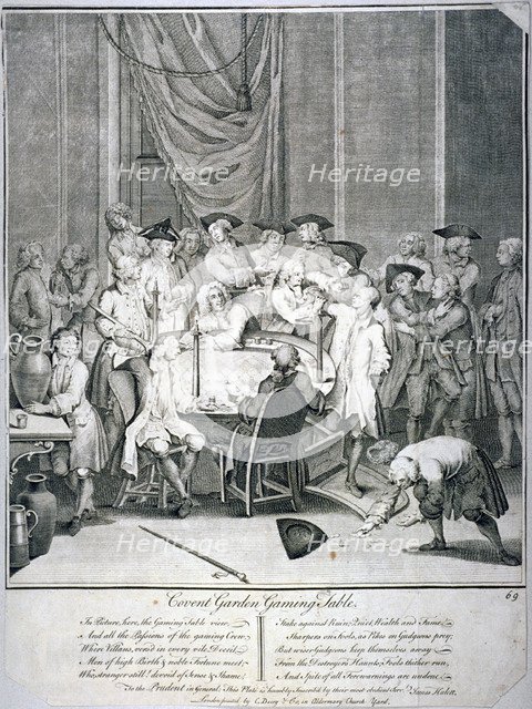 Gaming table scene in Covent Garden, Westminster, London, 1746. Artist: James Hulett