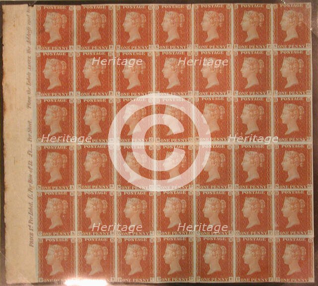 Unused block of forty-two "Penny Red-Brown" postage stamps of Queen Vi..., issued February 10, 1841. Creator: Unknown.