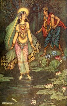 'Shantanu Meets the Goddess Ganga', 1913. Creator: Warwick Goble.