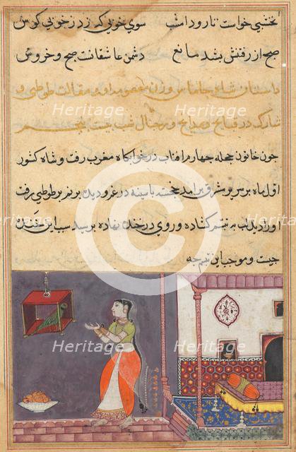 Page from Tales of a Parrot (Tuti-nama): Twenty-fifth night: The parrot addresses Khujasta..., c1560 Creator: Unknown.