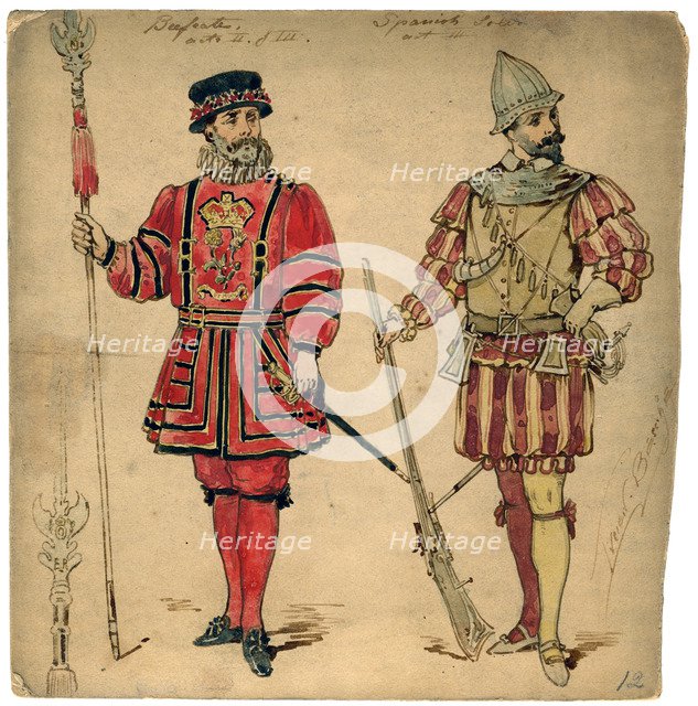 Beefeater and Spanish soldier, 19th century.Artist: Lucien Besche