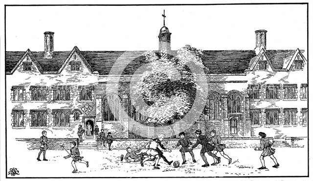Boys in Tudor times playing football at Berkhamsted Grammar School, Hertfordshire. Artist: Unknown