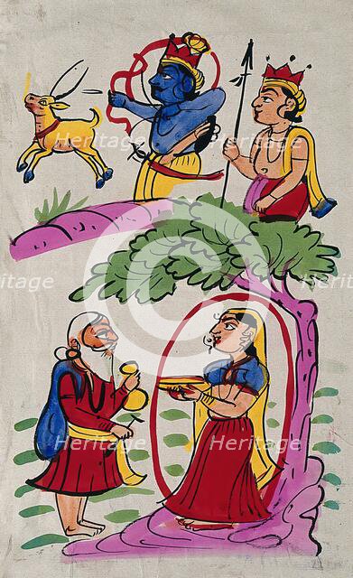 Sita being lured by a disguised Ravana, while Rama and Laksmana hunt in the forest. Creator: Unknown.