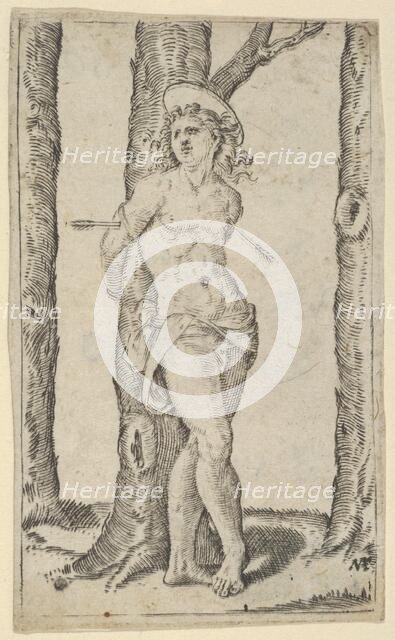 Saint Sebastian tied to tree pierced with arrows, from the series 'Piccoli Santi'..., ca. 1500-1527. Creator: Marcantonio Raimondi.
