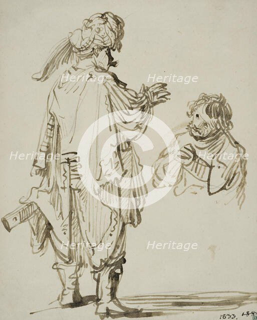 Man in oriental costume gesturing to a kneeling man. Creator: Rembrandt Harmensz van Rijn.